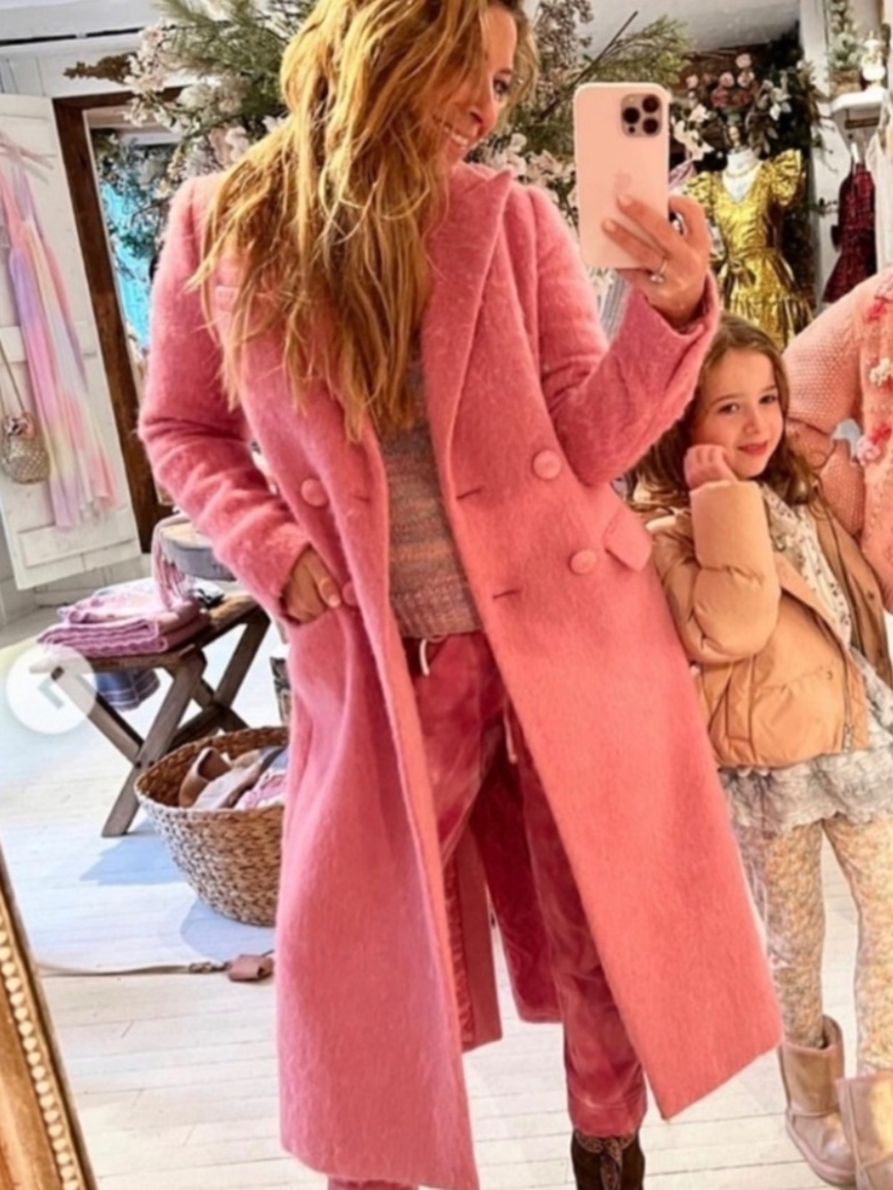 NWT LoveShackFancy Floret Wool Double Breasted Long Trench Coat Pink XS Bow - Picture 5 of 16